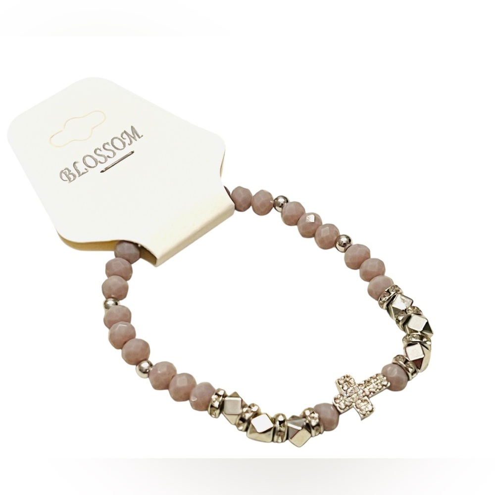 Beaded Cross Stretch Bracelet – Silver-Toned/Lavender Accents & Rhinestone